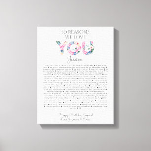 50 Gründe, warum wir Sie pink blauen Blumen Liebe Leinwanddruck