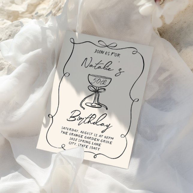 50. Handgezeichneter Schwarz & Weiß Bow Martini Ge Einladung (Von Creator hochgeladen)