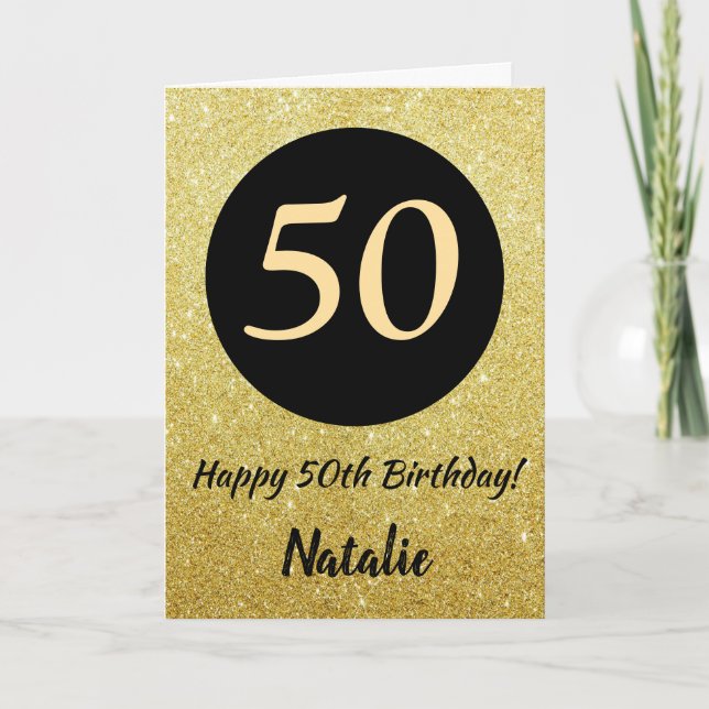 50. Happy Birthday Black and Gold Glitzer Card Karte (Vorderseite)