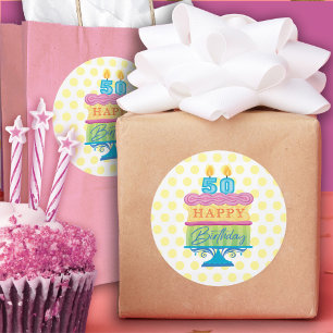 50. Happy Birthday Cake Gelb Punkte Runder Aufkleber