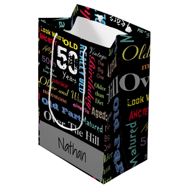 50. Happy Birthday | Meilenstein Mittlere Geschenktüte (Vorderseite Schrägansicht)