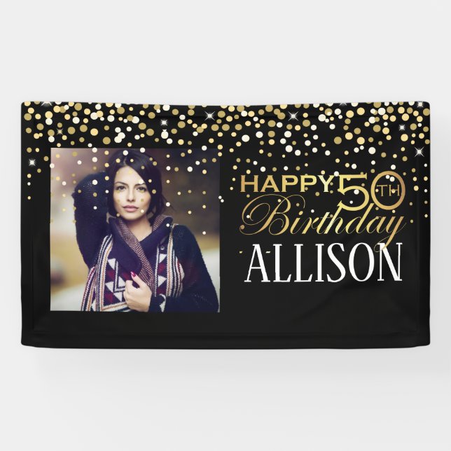 50. Happy Geburtstag Design mit goldenem Konfetti Banner (Horizontal)