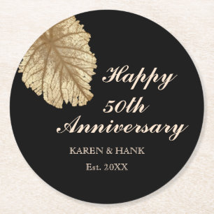 50. Hochzeit-Anniversary Black Gold Personalisiert Runder Pappuntersetzer