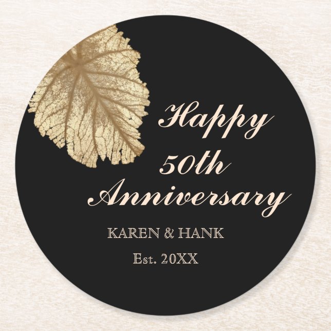 50. Hochzeit-Anniversary Black Gold Personalisiert Runder Pappuntersetzer (Vorderseite)