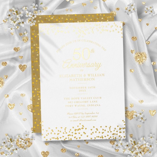 50. Hochzeit Jahrestag Herz Confetti Gold Folieneinladung (50th Wedding Anniversary Hearts Confetti Gold Foil Invitation)