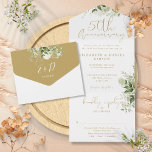 50. Hochzeit Jubiläum Gold Script Blues All In One Einladung<br><div class="desc">Das Ganze in einem 50. Hochzeitstag mit botanischen grünen rustikalen Blätter und eleganter Goldtypografie. Die Einladung enthält eine perforierte RSVP-Karte,  die für Sie individuell adressiert oder links als leere Adresse für die Handschrift der Adressdaten Ihres Gastes verwendet werden kann. Entwickelt von Thisisnotme©</div>