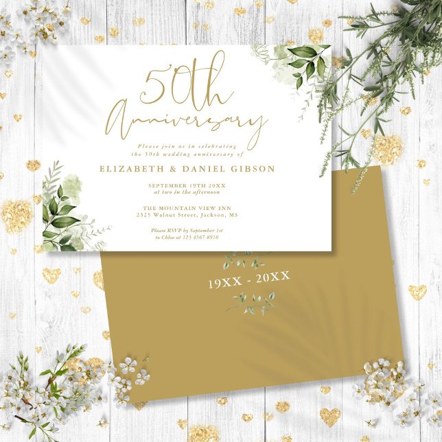 50. Hochzeit Jubiläum Gold Script Blues Einladung (50th Wedding Anniversary Gold Script Floral Invitation)