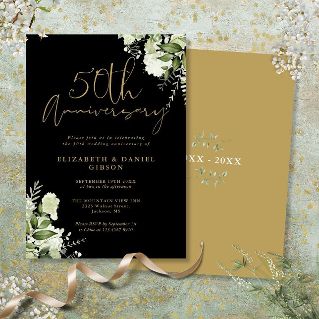 50. Hochzeit Jubiläum Grün Schwarz und Gold Einladung (50th Wedding Anniversary Greenery Black And Gold Invitation)