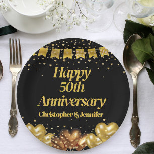 50. Hochzeit Jubiläum Happy Black and Gold Pappteller