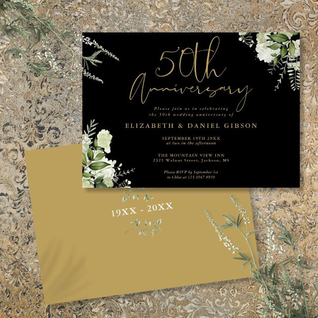 50. Hochzeit Jubiläum Schwarz-Gold-Blüte Einladung (50th Wedding Anniversary Black And Gold Floral Invitation)