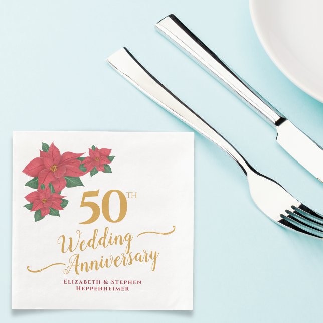 50. Hochzeit Jubiläum Wasserfarbe Rote Poinsettia Serviette (50th Wedding Anniversary Watercolor Red Poinsettia Paper Dinner Napkins)