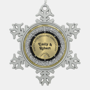 50. Hochzeit Jubiläum weiße Diamanten & Gold Schneeflocken Zinn-Ornament