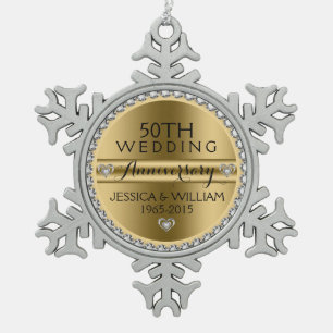 50. Hochzeit Jubiläum Weiße Diamanten & Silber Schneeflocken Zinn-Ornament