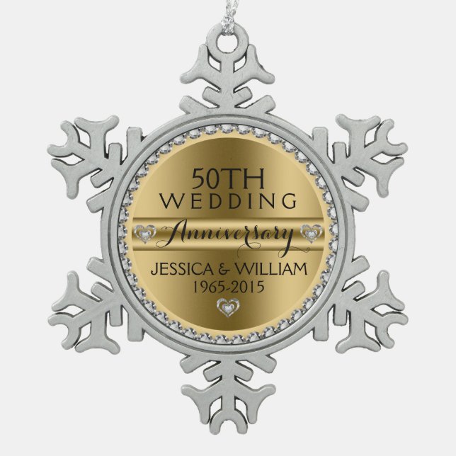 50. Hochzeit Jubiläum Weiße Diamanten & Silber Schneeflocken Zinn-Ornament (Vorderseite)