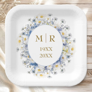 50. Hochzeitsjubiläum Daisy Blau & Gold Pappteller