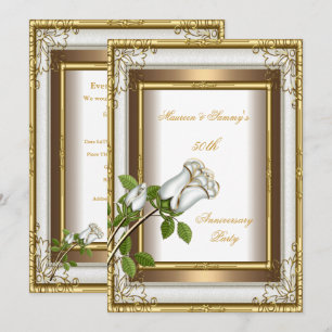 50. Hochzeitsjubiläum Weiße Rose Gold Elegant 2 Einladung