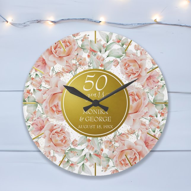 50. Hochzeitssaison Wasserfarben-Blütengoldfarben Große Wanduhr (50th Wedding Anniversary Watercolor Floral Gold Large Clock)