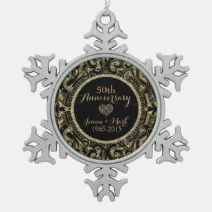 50. Hochzeitstag Black & Gold Floral Schneeflocken Zinn-Ornament