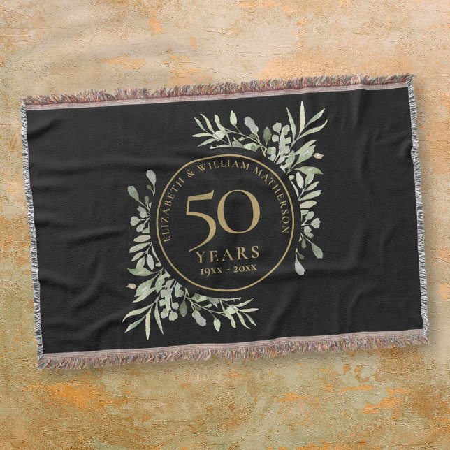 50. Hochzeitstag Black Gold Greenery Leaf Decke (50th Wedding Anniversary Black Gold Greenery Leaf Throw Blanket)