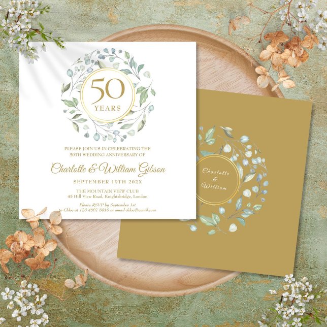 50. Hochzeitstag Blumengarten Platz Einladung (50th Wedding Anniversary Floral Greenery Square Invitation)