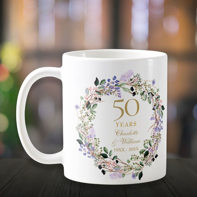 50. Hochzeitstag Blumenlavender Garland Kaffeetasse (50th Wedding Anniversary Floral Lavender Garland Coffee Mug)