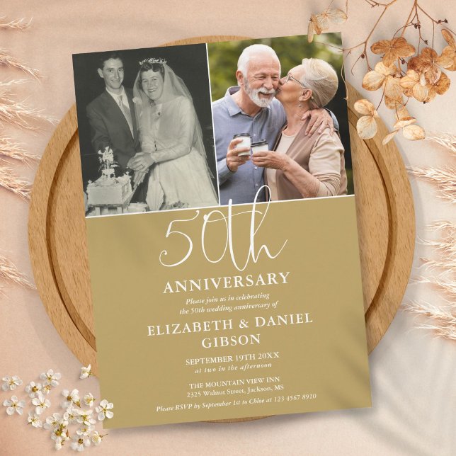50. Hochzeitstag damals und jetzt 2 Foto Einladung (50th Wedding Anniversary Then And Now 2 Photo Invitation)