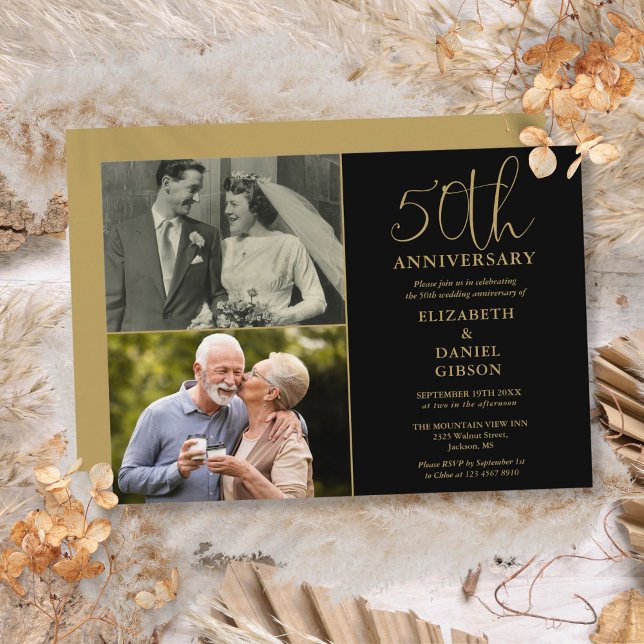 50. Hochzeitstag damals und jetzt 2 Foto Einladung (50th Wedding Anniversary Then And Now 2 Photo Invitation)