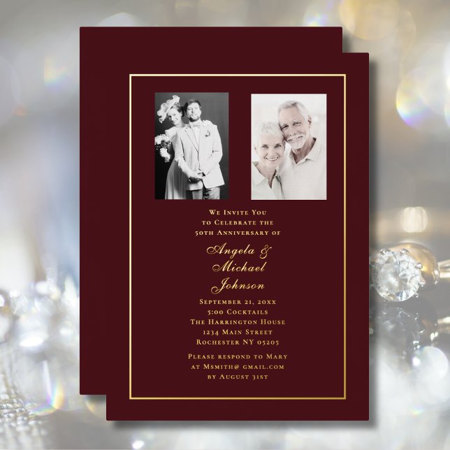 50. Hochzeitstag Elegant Dunkelroter Burgunder Gol Folieneinladung (Von Creator hochgeladen)