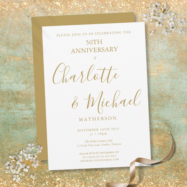 50. Hochzeitstag Elegante goldene Signatur Einladung (50th Wedding Anniversary Elegant Golden Signature Invitation)