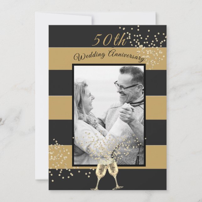 50. Hochzeitstag Foto Black Gold Elegant Einladung (Vorderseite)