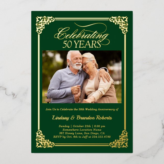 50. Hochzeitstag Foto Green Gold Folieneinladung (Vorderseite)