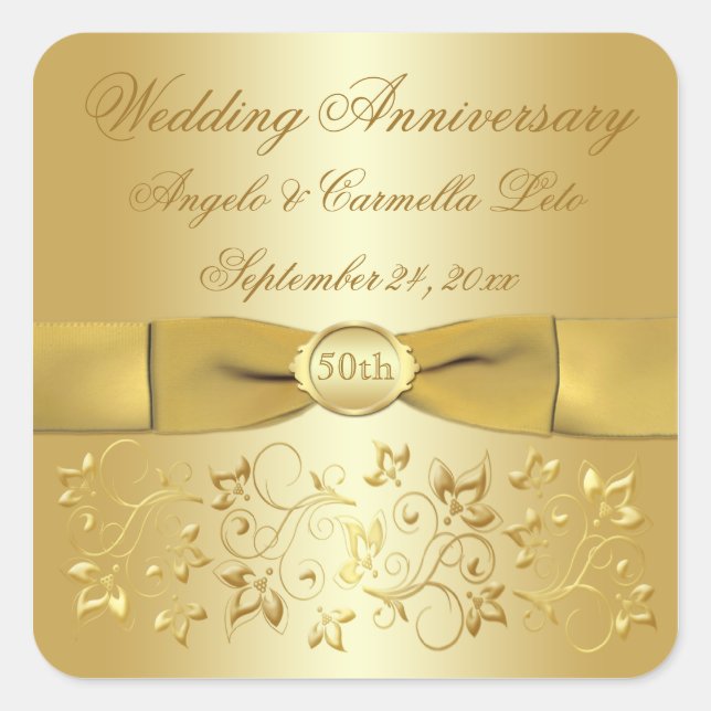 50. Hochzeitstag Gold Blumensticker Quadratischer Aufkleber (Vorderseite)