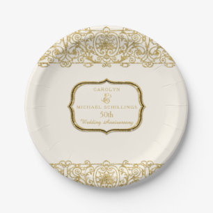 50. Hochzeitstag Gold Creme Art Nouveau Pappteller