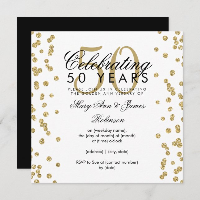 50. Hochzeitstag Gold Glitzer Confetti Einladung (Vorne/Hinten)
