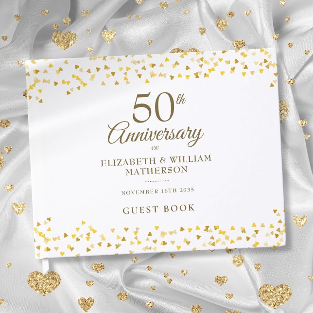 50. Hochzeitstag Gold Hearts Confetti Gästebuch (50th Wedding Anniversary Gold Hearts Confetti Guest Book)