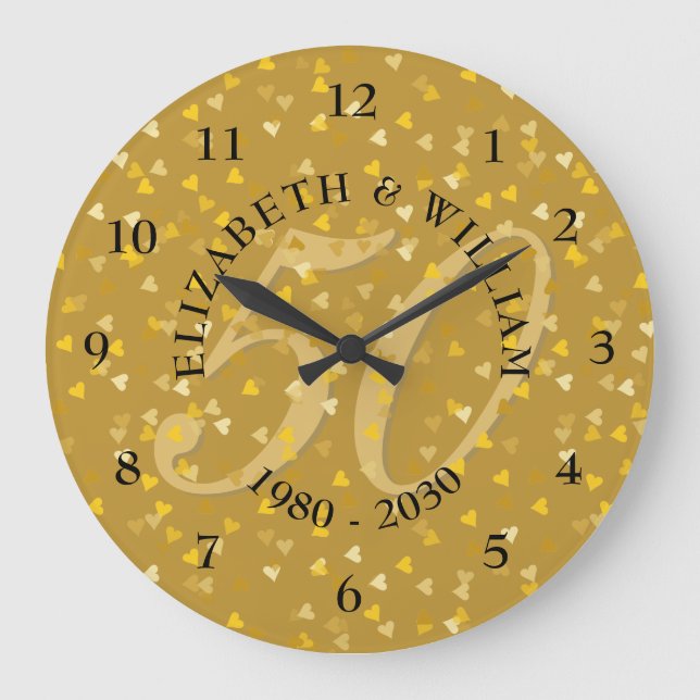 50. Hochzeitstag Gold Hearts Confetti Große Wanduhr (Vorderseite)