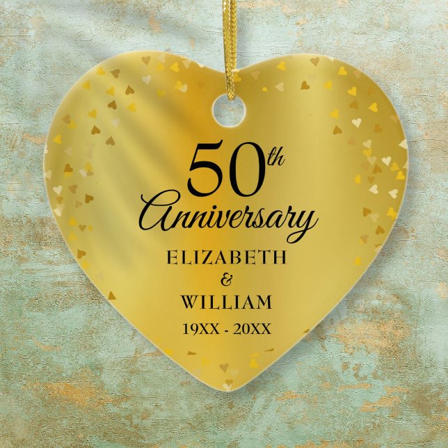 50. Hochzeitstag Gold Hearts Confetti Keramik Ornament (50th Wedding Anniversary Gold Hearts Confetti Ceramic Ornament)