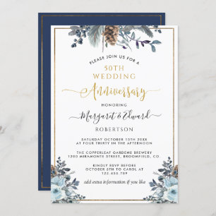 50. Hochzeitstag, Gold, Navy Blue Floral Einladung