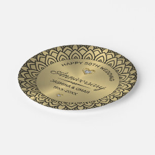 50. Hochzeitstag Gold & schwarze Mandala Pappteller