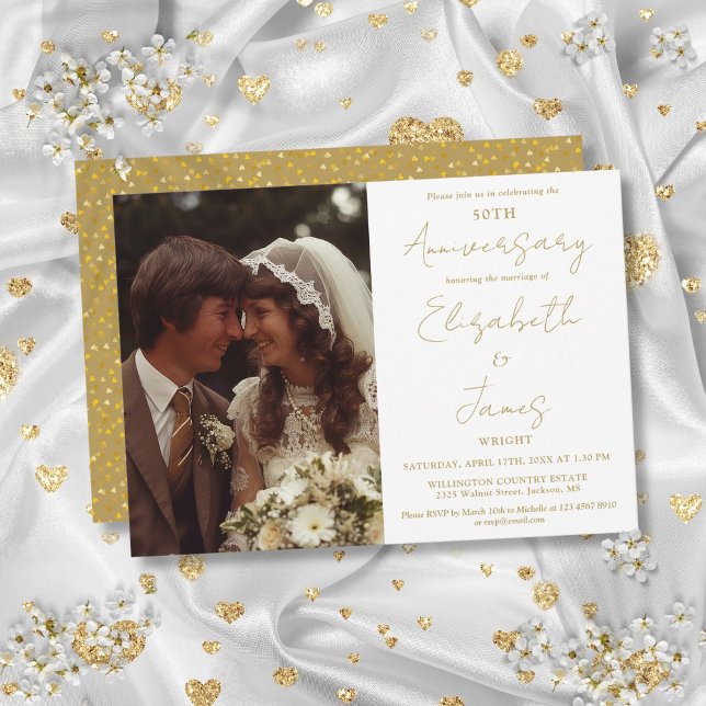 50. Hochzeitstag Gold Script Foto Hochzeit Einladung (50th Wedding Anniversary Gold Script Photo Wedding Invitation)