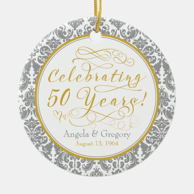 50. Hochzeitstag Gold Silber Damaskadenherzen Keramikornament (Vorne)