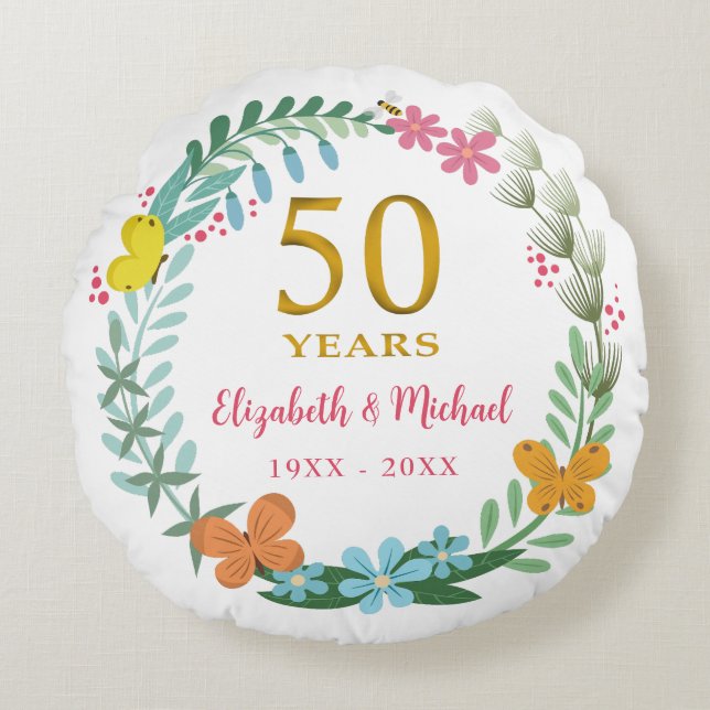 50. Hochzeitstag Golden Floral Butterfly Rundes Kissen (Vorderseite)