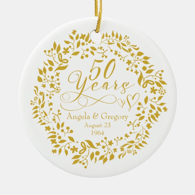 50. Hochzeitstag Goldene Herzen 50 Keramik Ornament (Vorne)