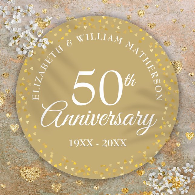 50. Hochzeitstag Goldene Liebe Herz Runder Aufkleber (50th Wedding Anniversary Golden Love Hearts Classic Round Sticker)