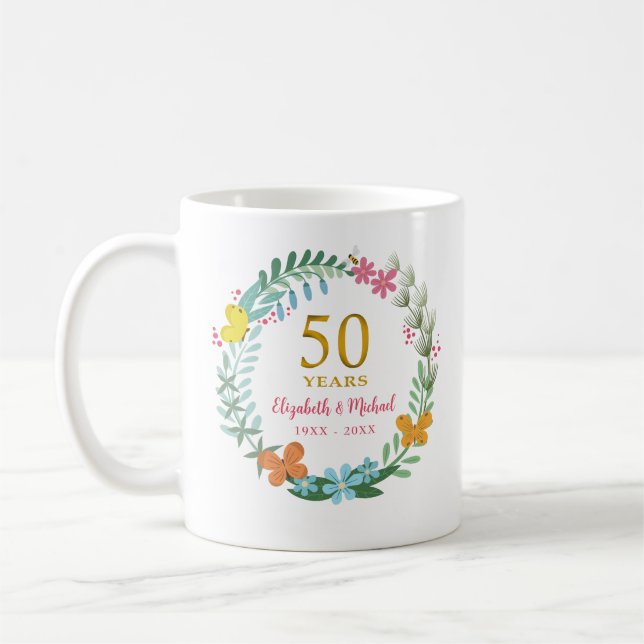 50. Hochzeitstag Goldener Blumenreath Kaffeetasse (Links)