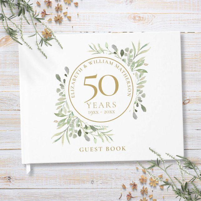 50. Hochzeitstag Goldgrün Wasserfarbe Gästebuch (50th Wedding Anniversary Gold Greenery Watercolor Guest Book)