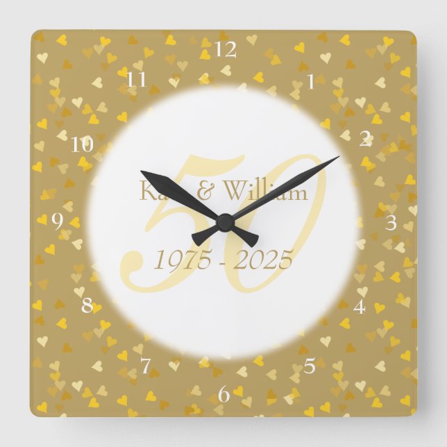 50. Hochzeitstag-GoldherzenConfetti Quadratische Wanduhr (Vorderseite)