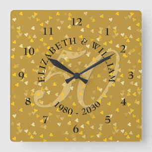 50. Hochzeitstag-GoldherzenConfetti Quadratische Wanduhr
