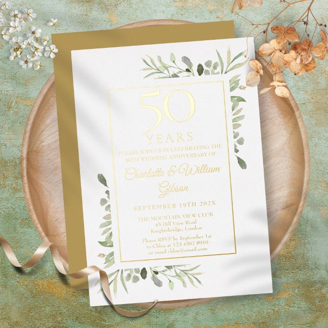50. Hochzeitstag Jubiläum Aquarellgrün Gold Folieneinladung (50th Wedding Anniversary Watercolor Greenery Gold Foil Invitation)