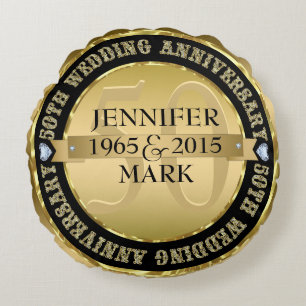 50. Hochzeitstag Metallic Gold & Black 2 Rundes Kissen